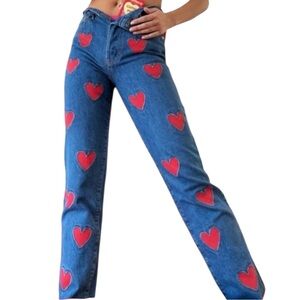 REVICE Blue Straight Leg Jeans with Red Heart Patches